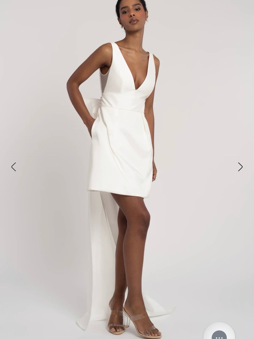 Jenny Yoo White V-Neck Mini Dress with Long Back Bow